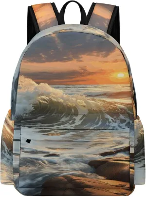 Classical Travel Backpack,Rocky Wave Sunset Print Personal Item Backpack,Spacious And Durable Backpacks for Work And Travel