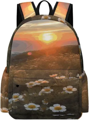 Classical Travel Backpack,Sunset And Flowers Print Personal Item Backpack,Spacious And Durable Backpacks for Work And Travel
