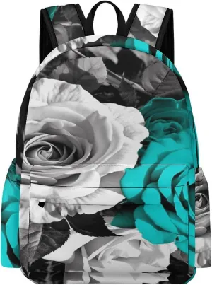 Classical Travel Backpack,White Teal Rose Flowers Print Personal Item Backpack,Spacious And Durable Backpacks for Work And Travel