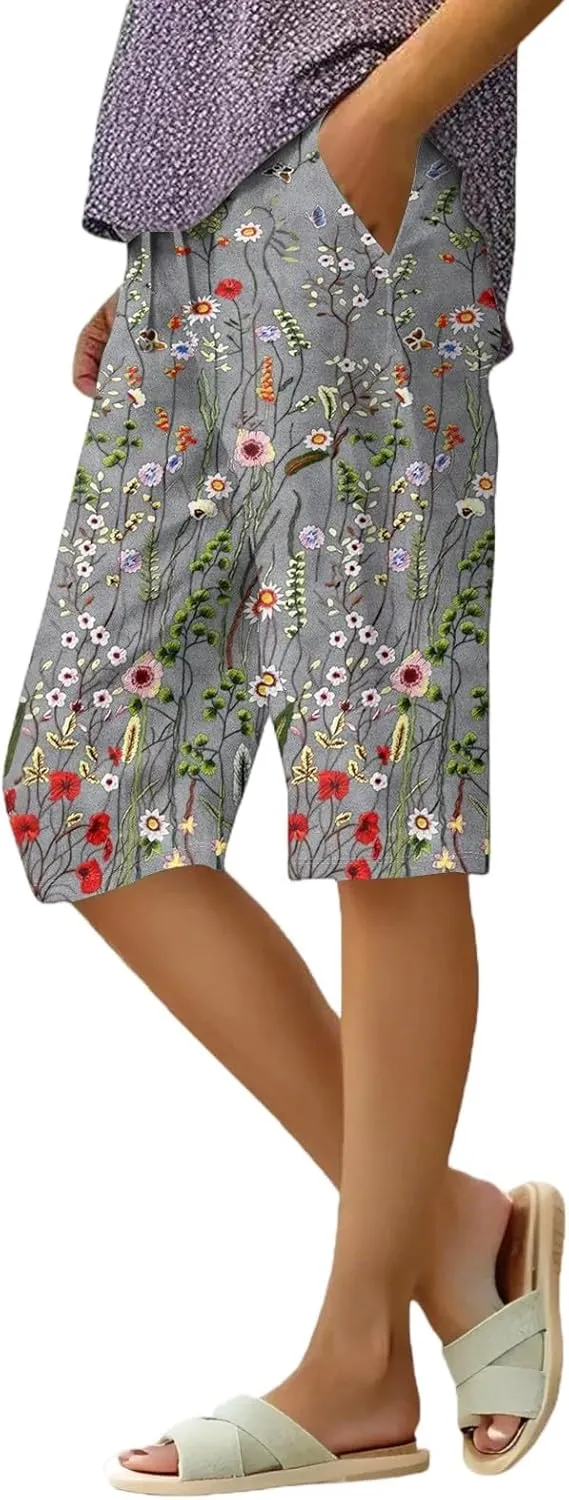 Cotton Linen High Waisted Pants for Women Boho Knee Length Cropped Pants Straight Leg Fashion Shorts 2025 with Pockets