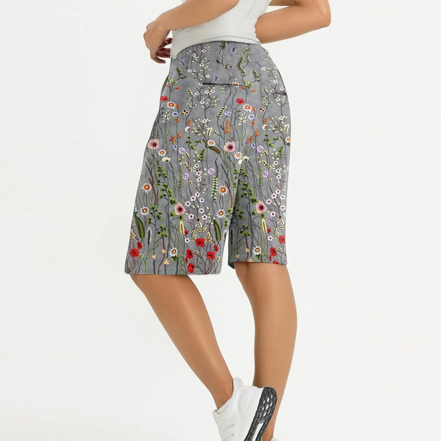 Cotton Linen High Waisted Pants for Women Boho Knee Length Cropped Pants Straight Leg Fashion Shorts 2025 with Pockets