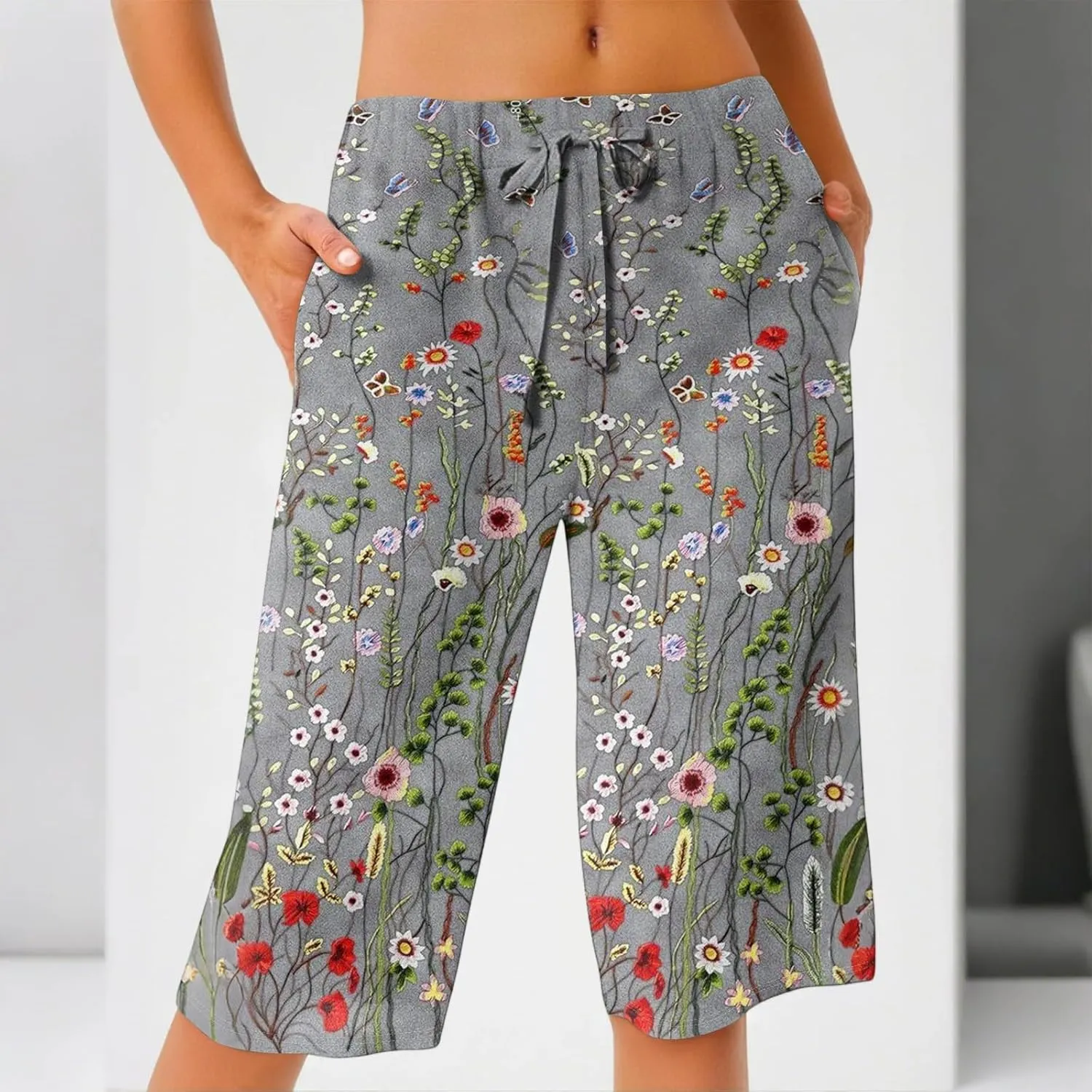 Cotton Linen High Waisted Pants for Women Boho Knee Length Cropped Pants Straight Leg Fashion Shorts 2025 with Pockets