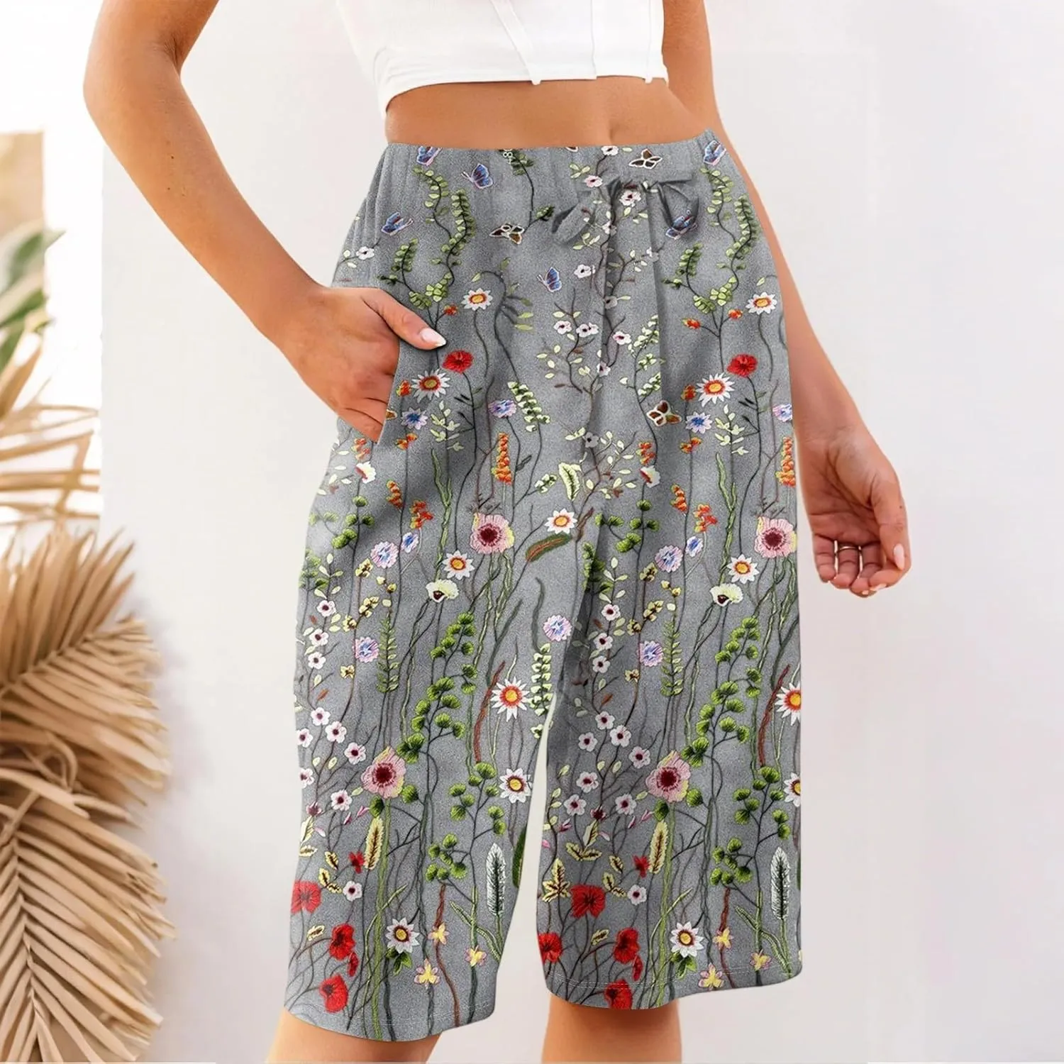 Cotton Linen High Waisted Pants for Women Boho Knee Length Cropped Pants Straight Leg Fashion Shorts 2025 with Pockets