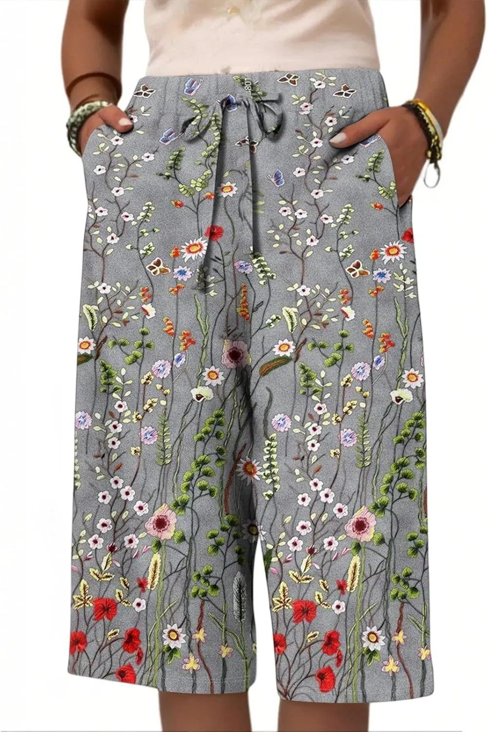 Cotton Linen High Waisted Pants for Women Boho Knee Length Cropped Pants Straight Leg Fashion Shorts 2025 with Pockets