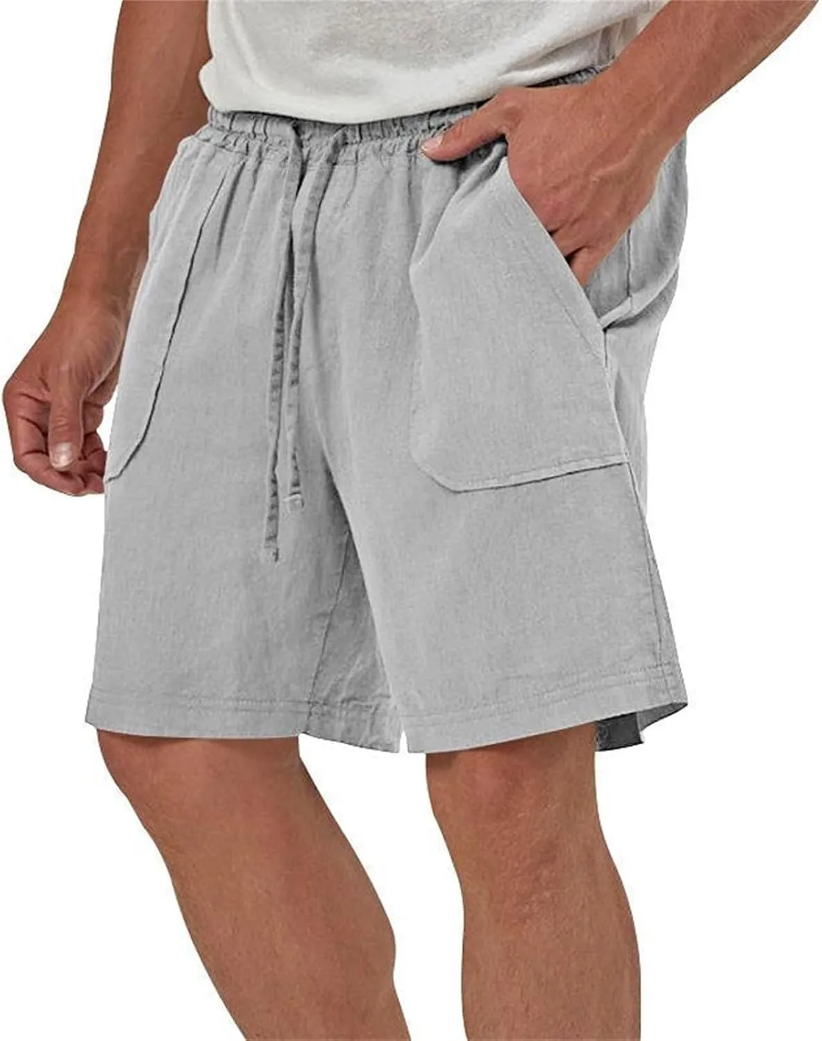 Cotton Linen Shorts for Men Elastic Waist Drawstring Summer Beach Shorts with Pockets Athletic Fit Lightweight Workout Shorts