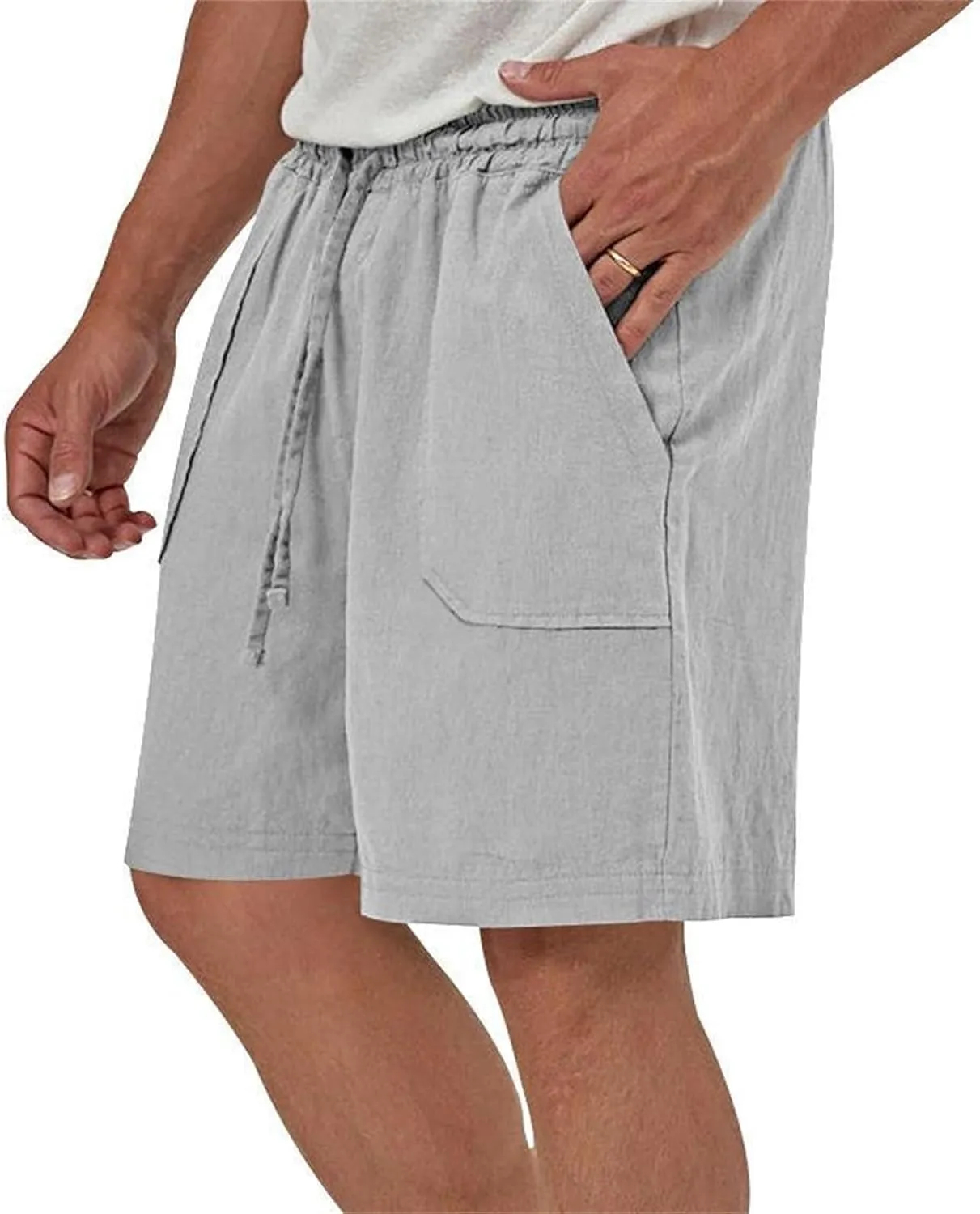 Cotton Linen Shorts for Men Elastic Waist Drawstring Summer Beach Shorts with Pockets Athletic Fit Lightweight Workout Shorts