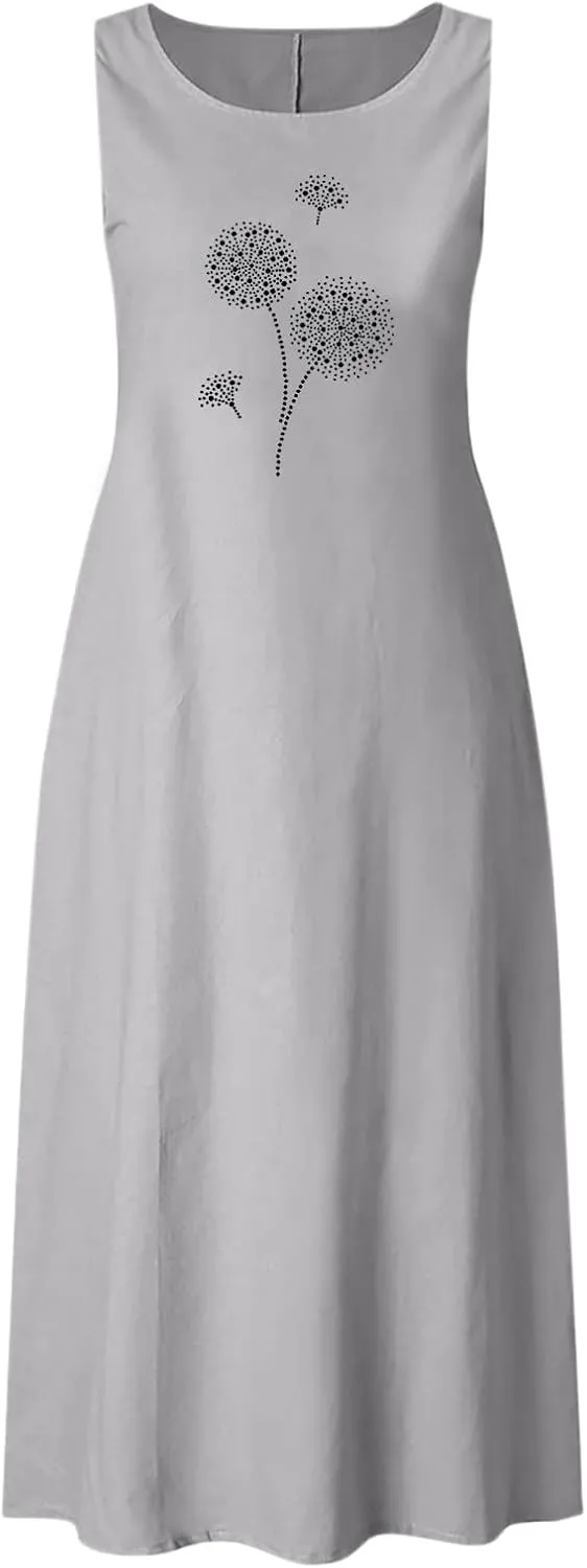 Cotton Linen Summer Maxi Dresses for Women 2025 Vacation Boho Floral Sun Dress Sleeveless Flowy Beach Long Dress