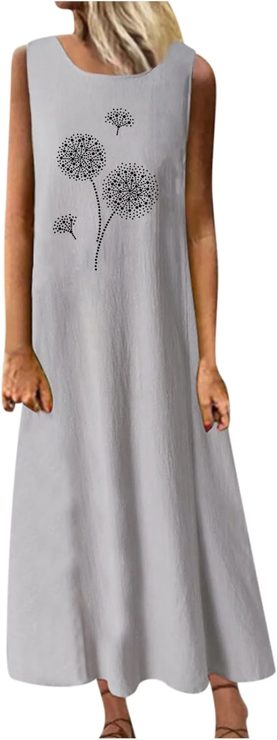 Cotton Linen Summer Maxi Dresses for Women 2025 Vacation Boho Floral Sun Dress Sleeveless Flowy Beach Long Dress