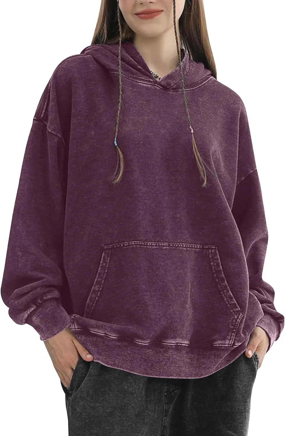 COZYPOIN Womens Acid Wash Hoodies Casual Vintage Hooded Sweatshirt Cotton Basic Hoodie Top Spring Fashion Streetwear
