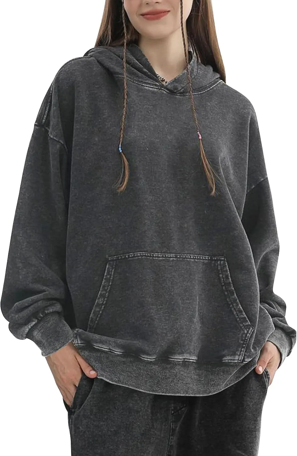 COZYPOIN Womens Acid Wash Hoodies Casual Vintage Hooded Sweatshirt Cotton Basic Hoodie Top Spring Fashion Streetwear