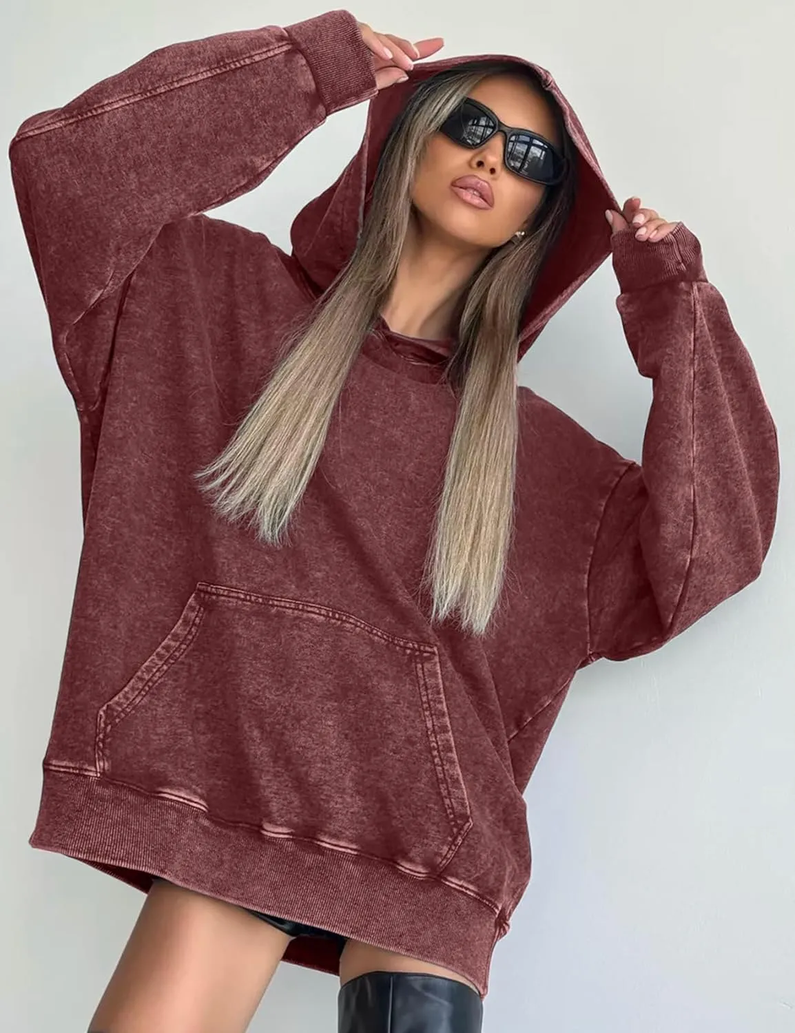 COZYPOIN Womens Acid Wash Hoodies Casual Vintage Hooded Sweatshirt Cotton Basic Hoodie Top Spring Fashion Streetwear
