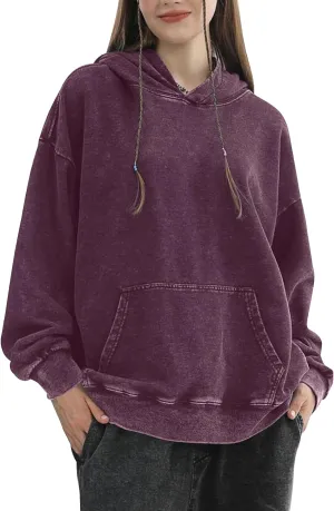 COZYPOIN Womens Acid Wash Hoodies Casual Vintage Hooded Sweatshirt Cotton Basic Hoodie Top Spring Fashion Streetwear