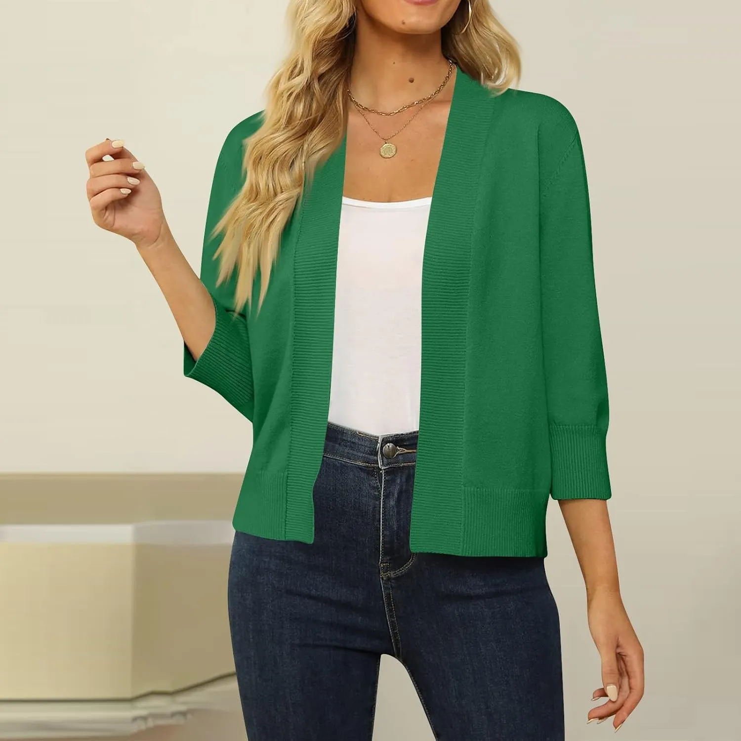 Cropped Cardigan Sweaters for Women Lightweight 3/4 Sleeve Open Front Short Shrugs Cardigans Fall Sweater Jacket Tops