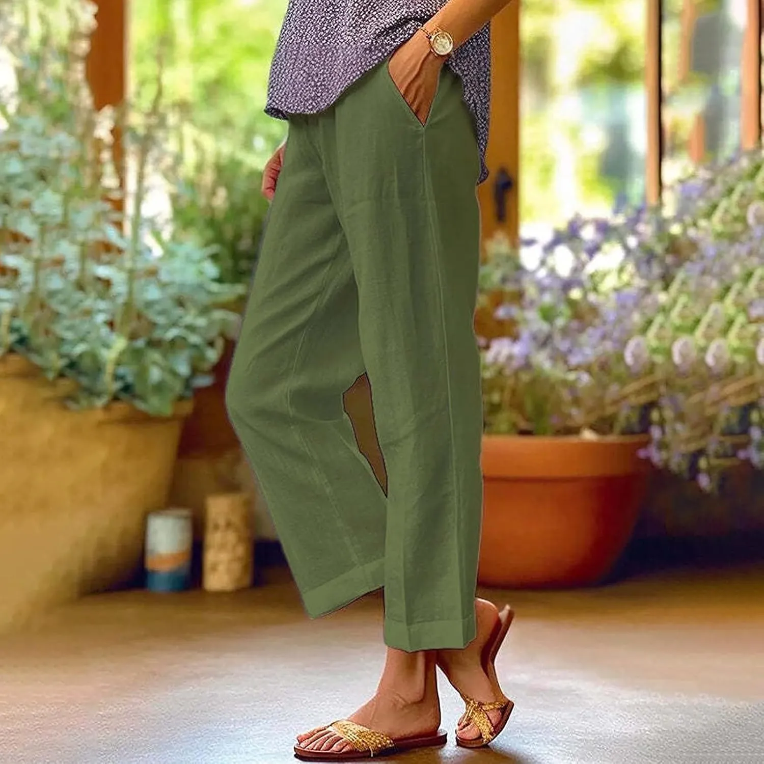 Cropped Linen Pants Women Summer Elastic Waist Straight Leg Slit Plus Size Pant Casual Trousers with Pockets