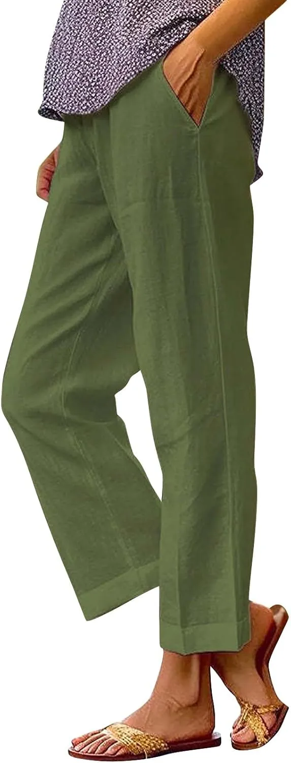 Cropped Linen Pants Women Summer Elastic Waist Straight Leg Slit Plus Size Pant Casual Trousers with Pockets