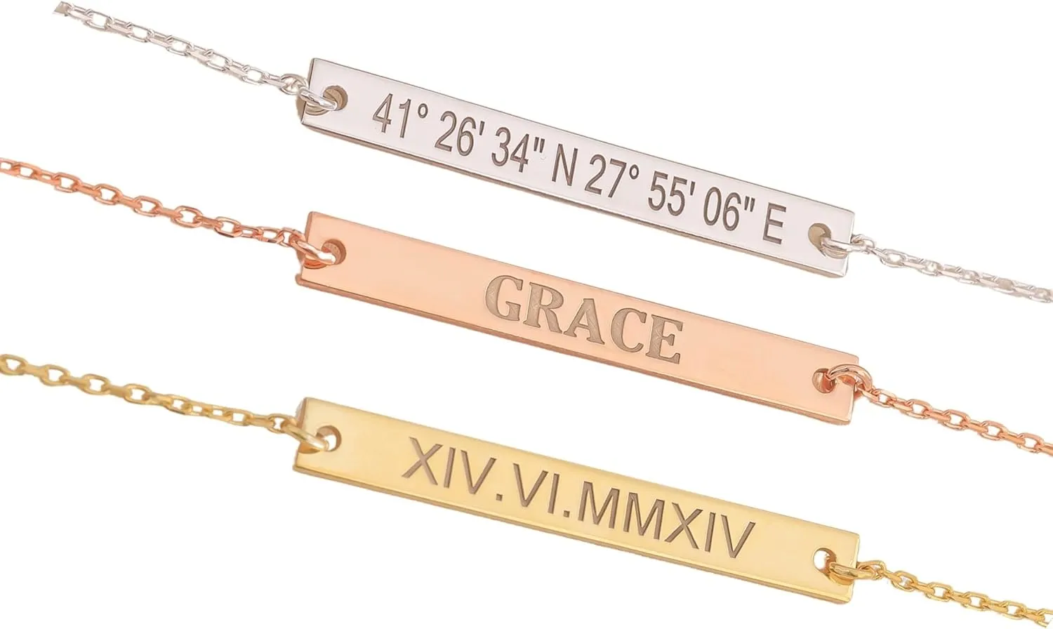 Custom Engraved Name Bracelet, Coordinates and Roman Numeral Engraving, Personalized Bar Bracelet Gold Plated 925 Sterling Silver, Jewelry Gift for Women Friend Birthday Anniversary Keepsake