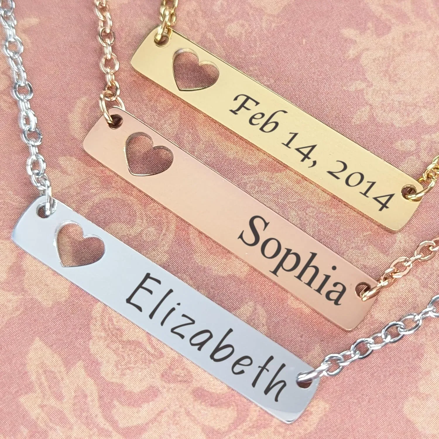 Custom Engraved Name Necklace with Heart Cutout Personalized Bespoke Jewelry Date Bible Verse Scripture Handmade Bridesmaid Gift Idea (Gold color)