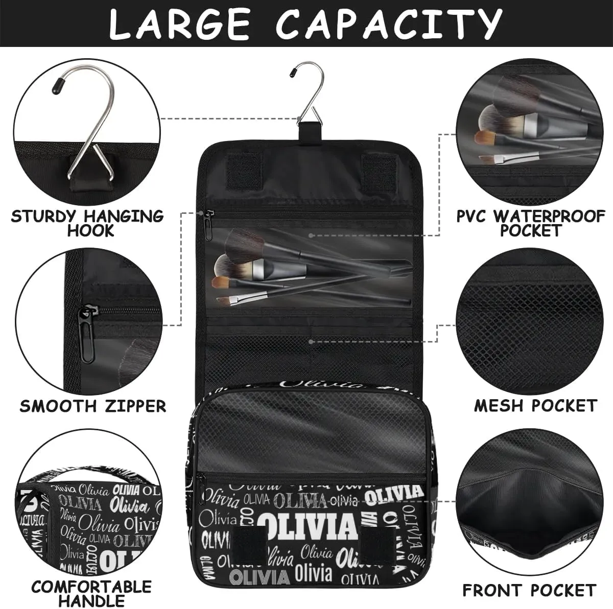 Custom Travel Toiletry Bag with Hanging Hook, Spacious Waterproof Toiletry Bag for Men for Travel Accessories, Toiletries Essentials, Solid Black Background