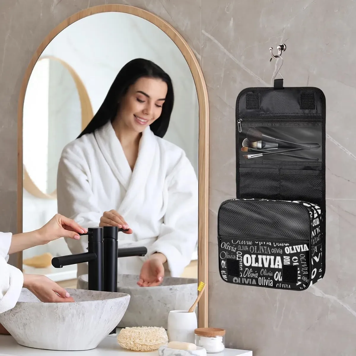 Custom Travel Toiletry Bag with Hanging Hook, Spacious Waterproof Toiletry Bag for Men for Travel Accessories, Toiletries Essentials, Solid Black Background