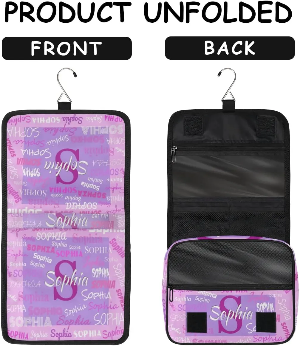 Custom Travel Toiletry Bag with Hanging Hook, Spacious Waterproof Toiletry Bag for Women for Travel Accessories, Toiletries Essentials. Pink and Lavender Purple Background