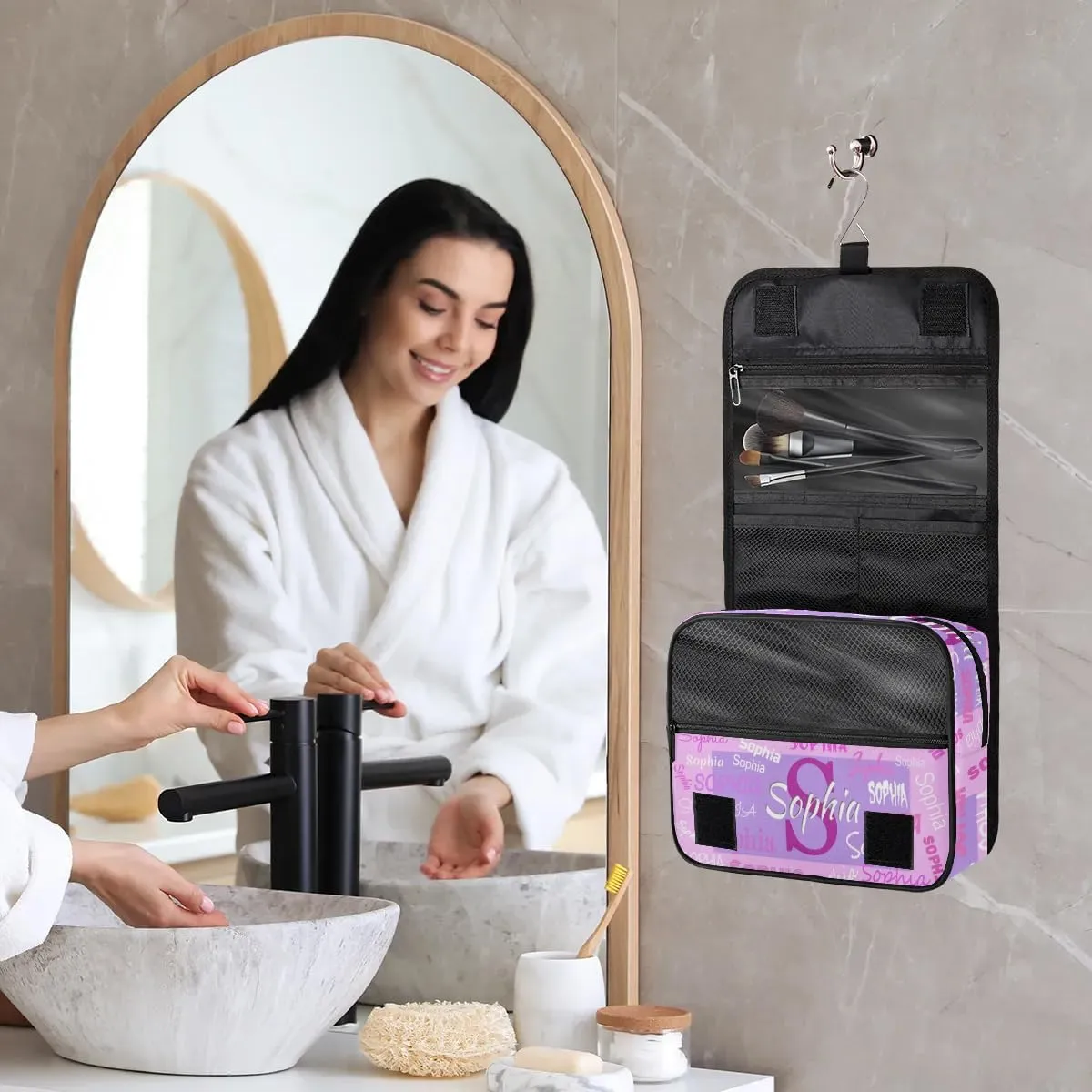 Custom Travel Toiletry Bag with Hanging Hook, Spacious Waterproof Toiletry Bag for Women for Travel Accessories, Toiletries Essentials. Pink and Lavender Purple Background