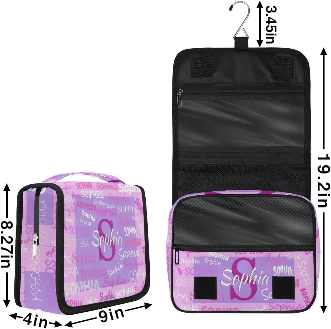 Custom Travel Toiletry Bag with Hanging Hook, Spacious Waterproof Toiletry Bag for Women for Travel Accessories, Toiletries Essentials. Pink and Lavender Purple Background