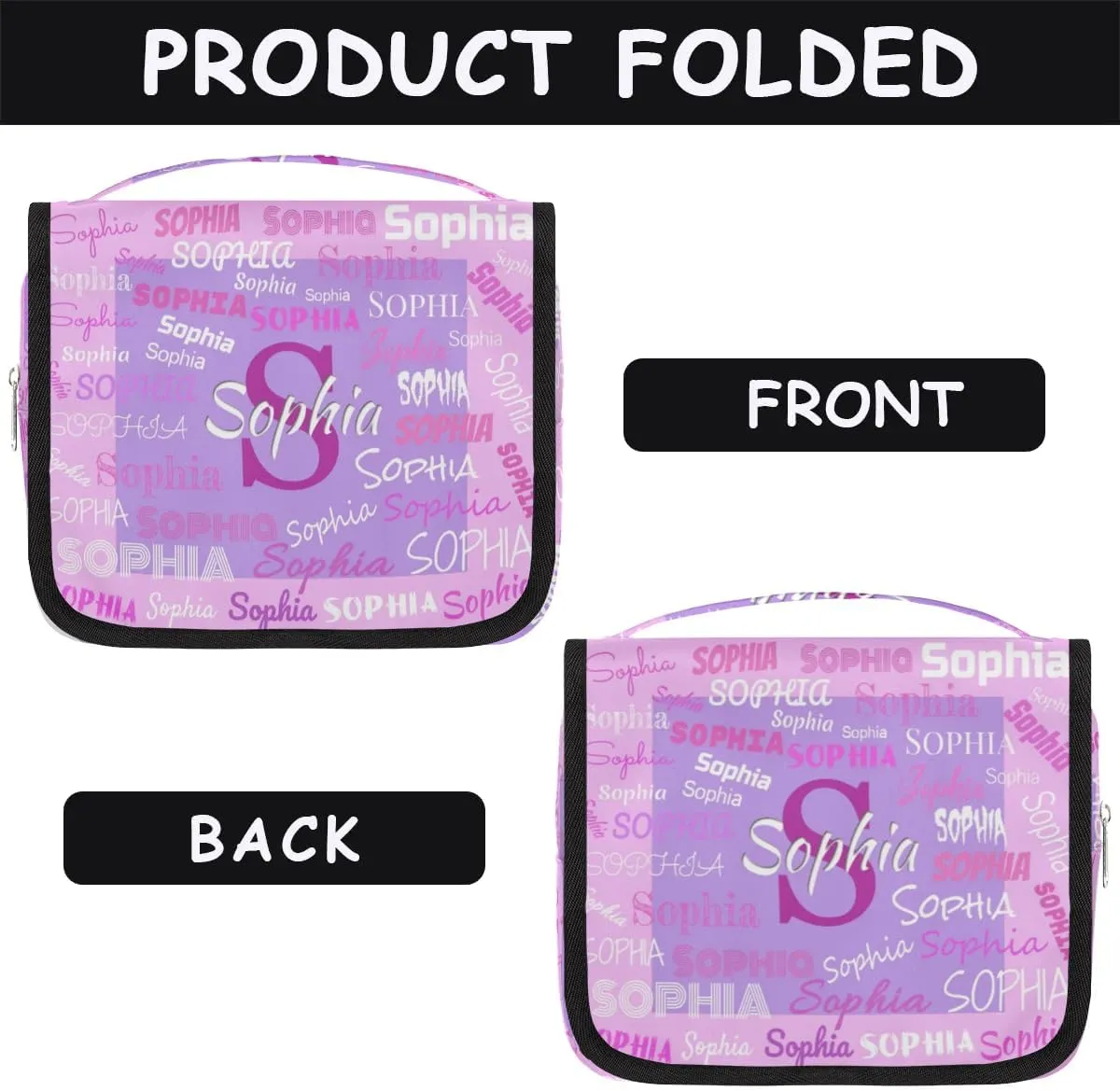 Custom Travel Toiletry Bag with Hanging Hook, Spacious Waterproof Toiletry Bag for Women for Travel Accessories, Toiletries Essentials. Pink and Lavender Purple Background