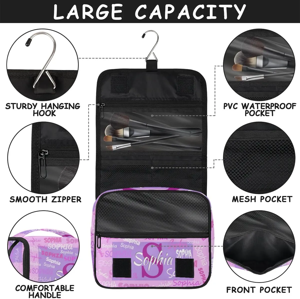 Custom Travel Toiletry Bag with Hanging Hook, Spacious Waterproof Toiletry Bag for Women for Travel Accessories, Toiletries Essentials. Pink and Lavender Purple Background