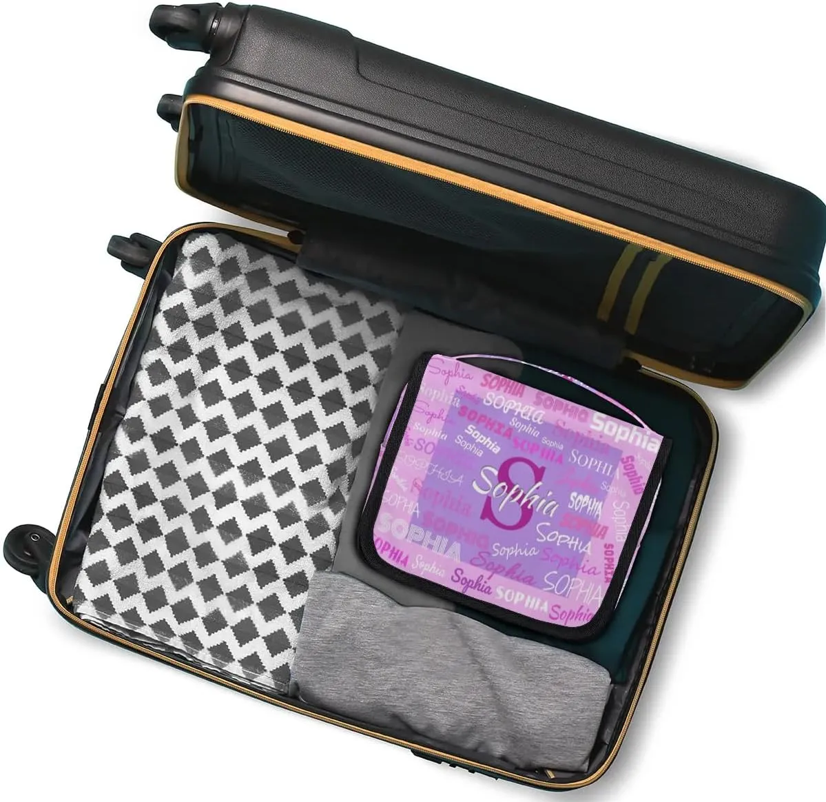 Custom Travel Toiletry Bag with Hanging Hook, Spacious Waterproof Toiletry Bag for Women for Travel Accessories, Toiletries Essentials. Pink and Lavender Purple Background