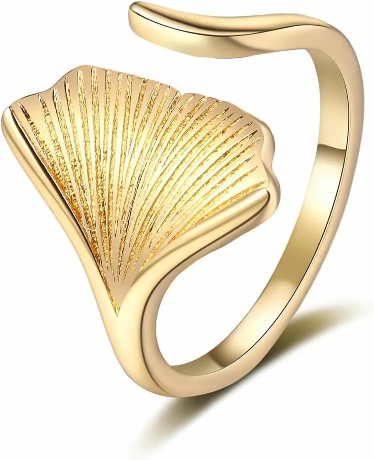 Dainty Ginkgo Leaf Open Band Ring for Women Silver Gold Plated Ginko Leaves Statement Wrap Finger Rings Adjustable Comfort Fit Elegant Wedding Engagement Jewelry
