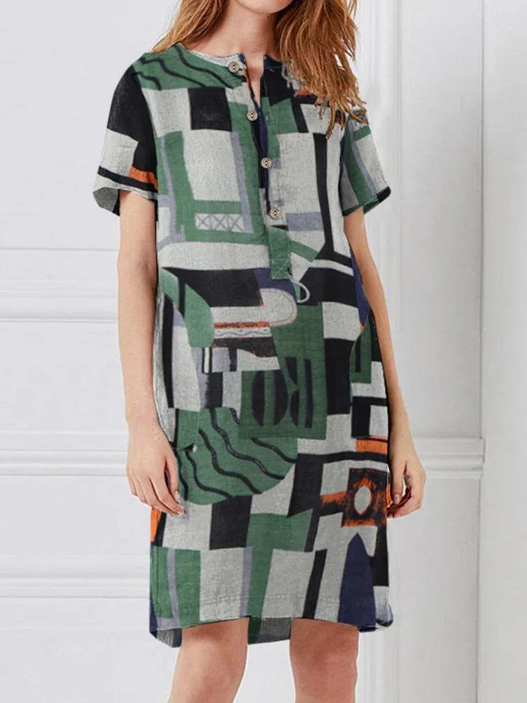 deanwangkt Women Geometry Print Short Sleeve Vintage Dresses with Pockets
