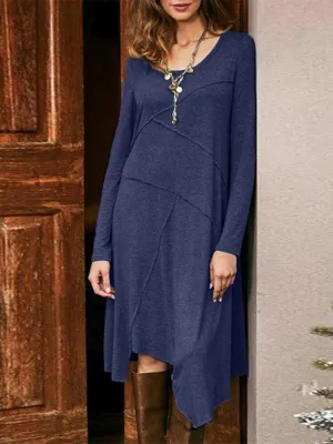 deanwangkt Women Solid Color Long Sleeve Asymmetrical Hem Casual Dresses