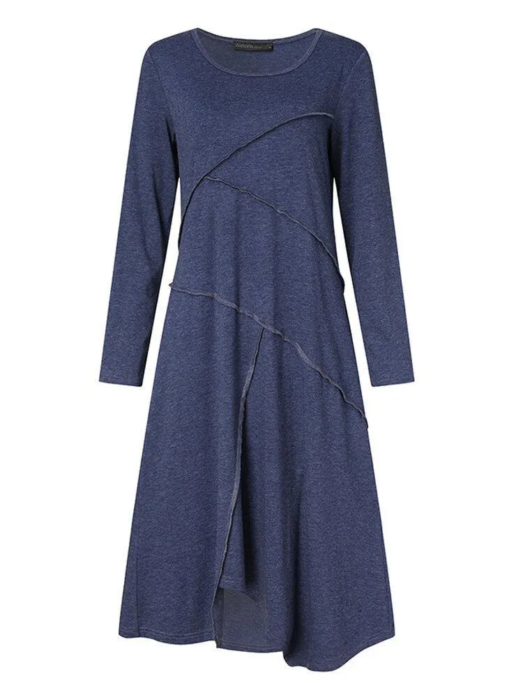 deanwangkt Women Solid Color Long Sleeve Asymmetrical Hem Casual Dresses