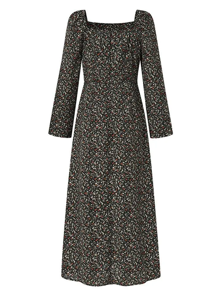 deanwangkt Women Square Neck High Split Floral Print Long Sleeve Casual Slim Fit Midi Dress