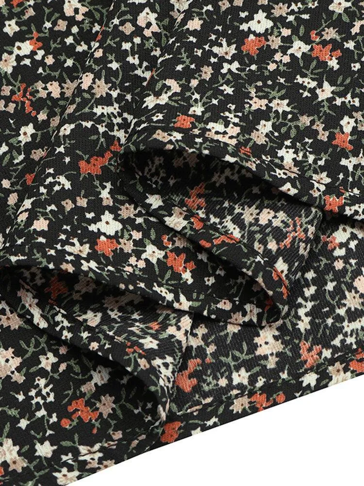 deanwangkt Women Square Neck High Split Floral Print Long Sleeve Casual Slim Fit Midi Dress