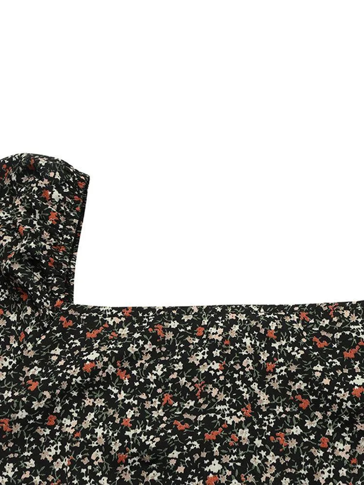 deanwangkt Women Square Neck High Split Floral Print Long Sleeve Casual Slim Fit Midi Dress