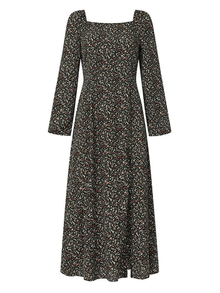 deanwangkt Women Square Neck High Split Floral Print Long Sleeve Casual Slim Fit Midi Dress