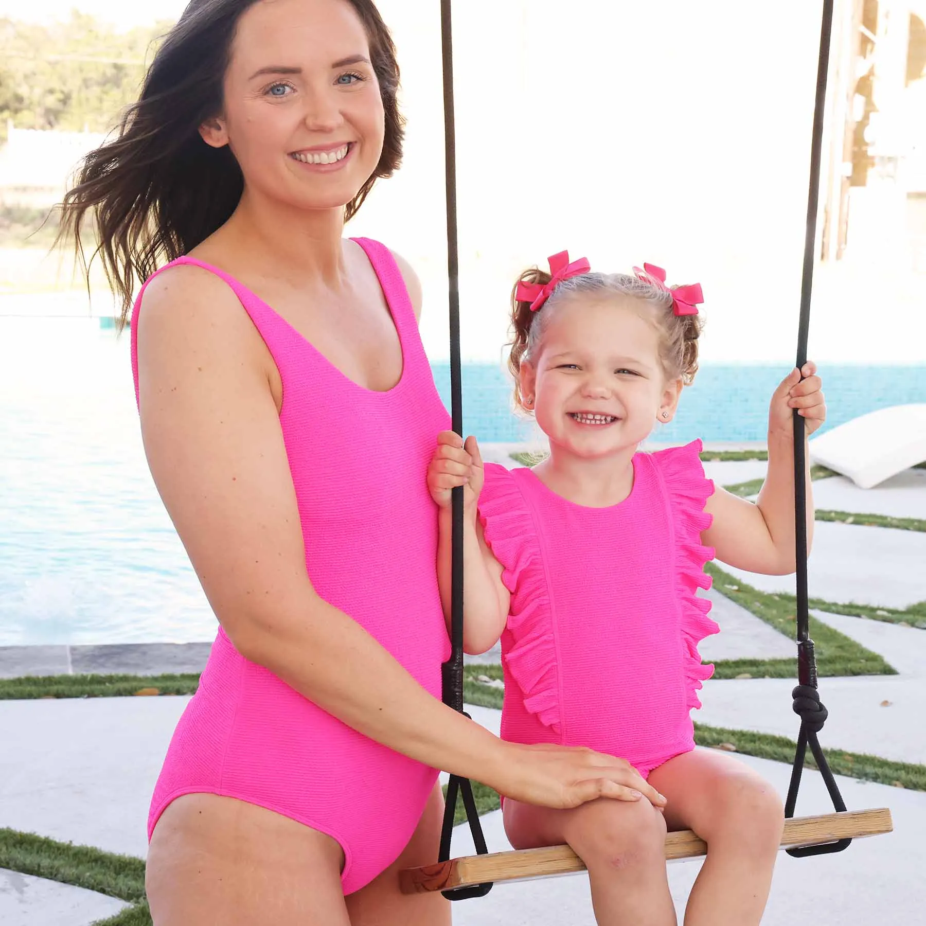 Double Ruffle Crinkle One-Piece | Neon Pink