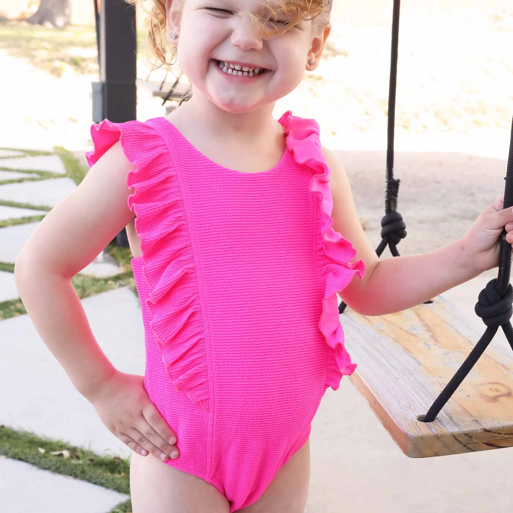 Double Ruffle Crinkle One-Piece | Neon Pink
