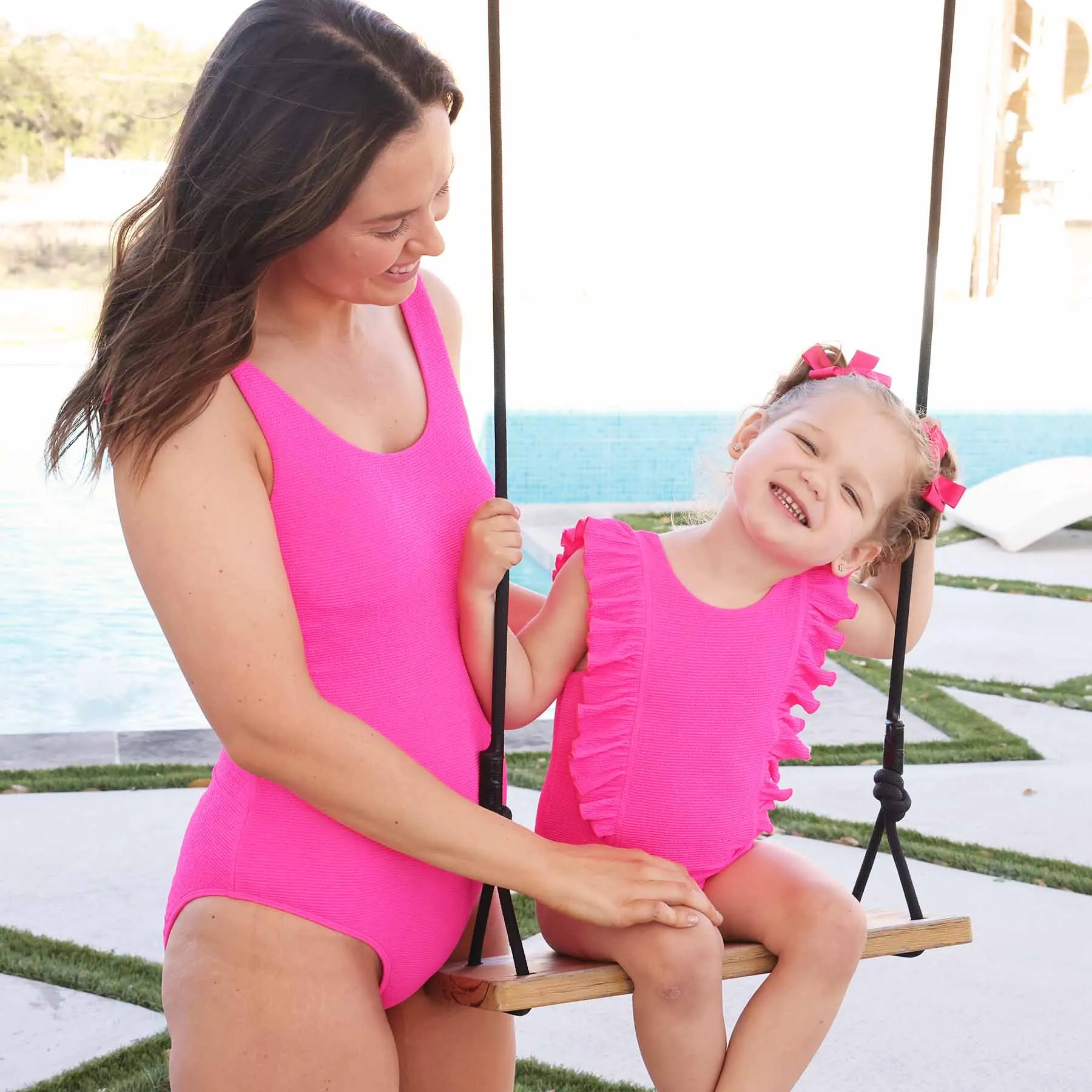 Double Ruffle Crinkle One-Piece | Neon Pink