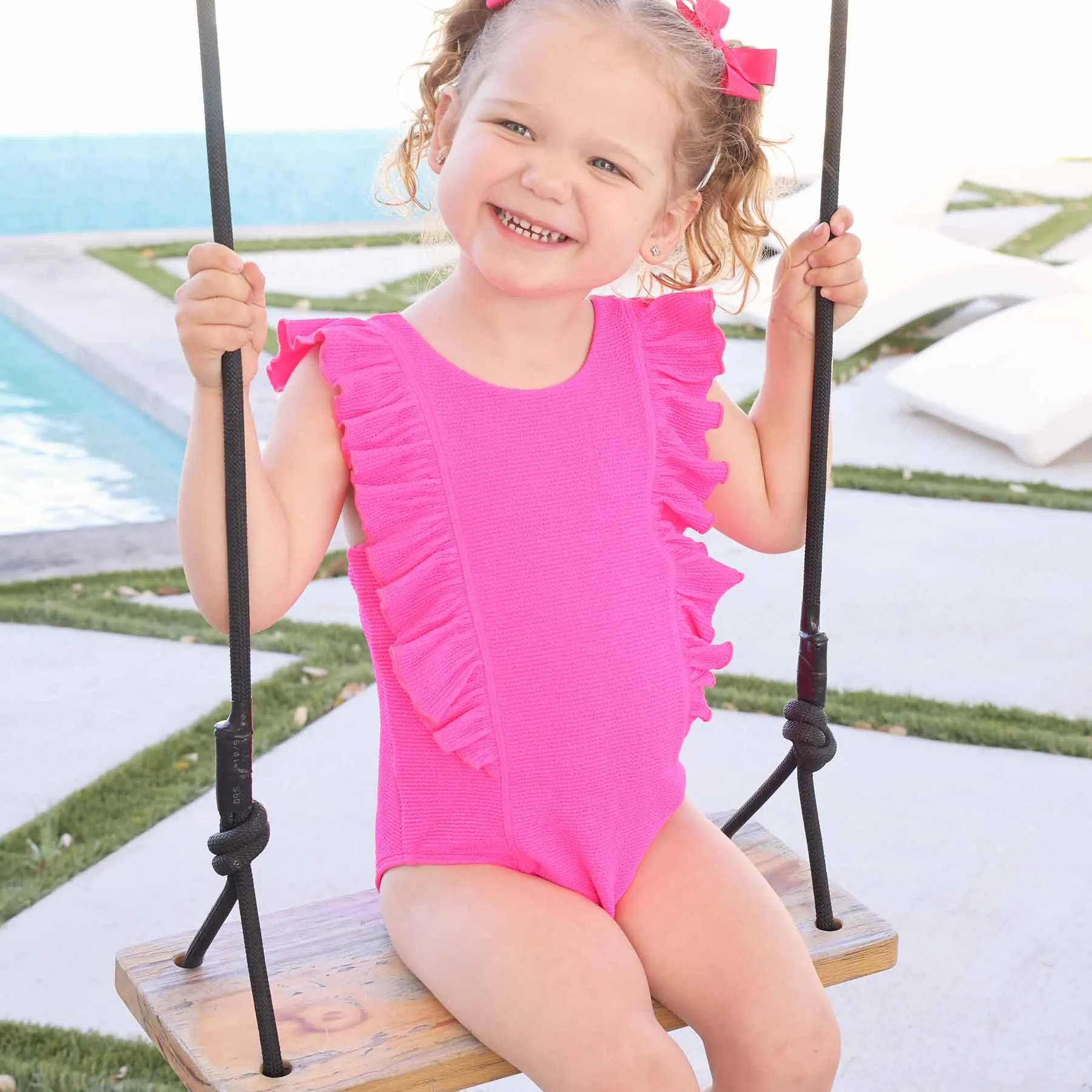 Double Ruffle Crinkle One-Piece | Neon Pink