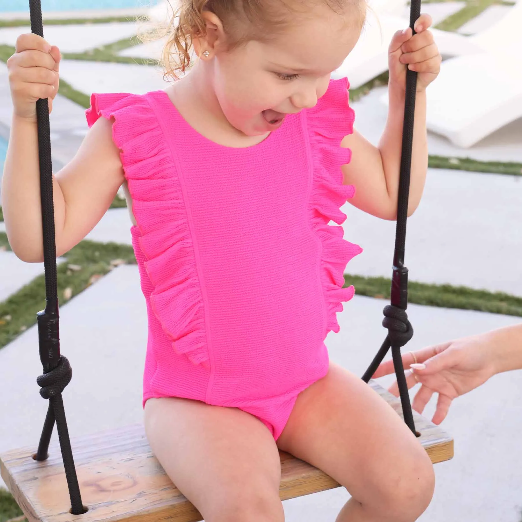 Double Ruffle Crinkle One-Piece | Neon Pink