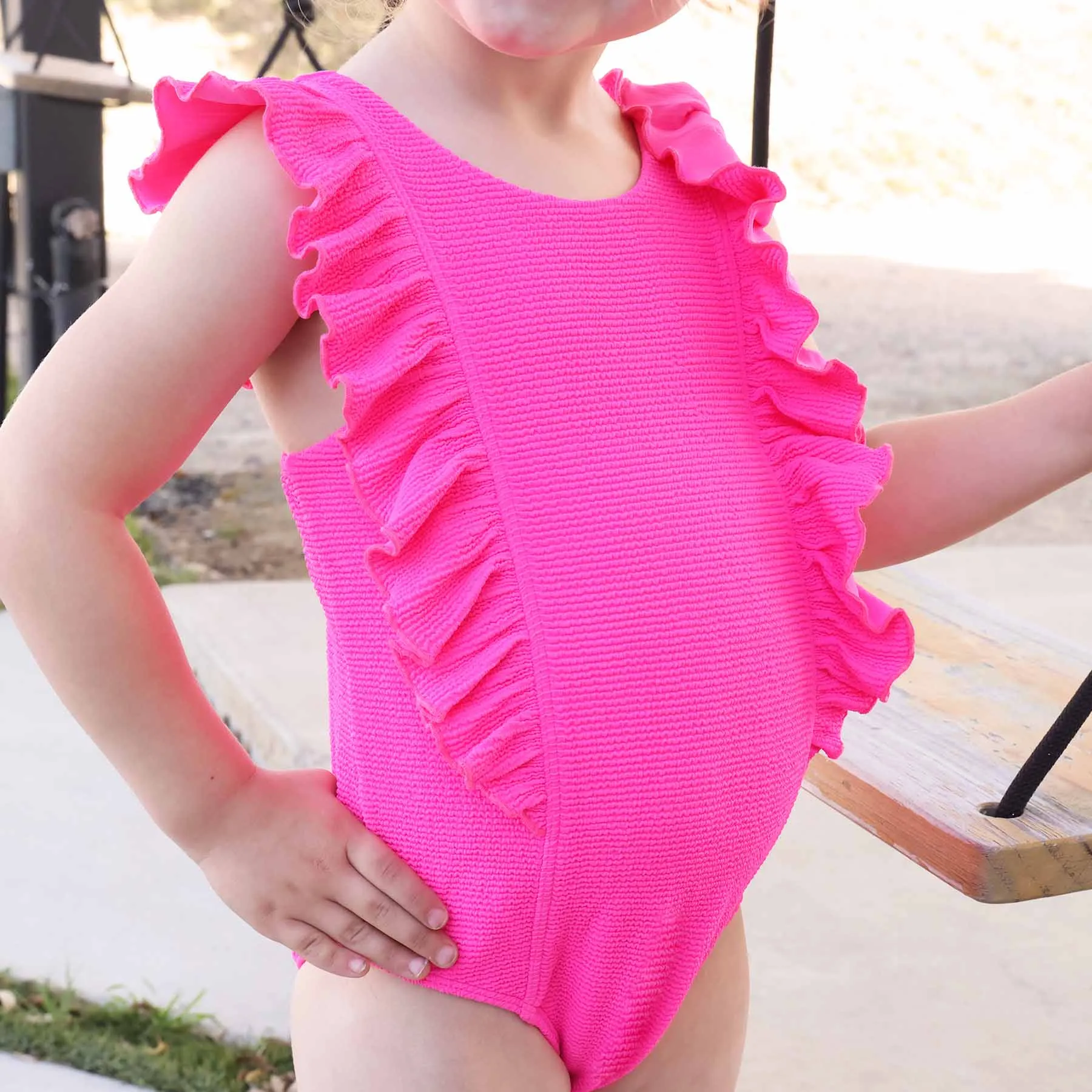 Double Ruffle Crinkle One-Piece | Neon Pink