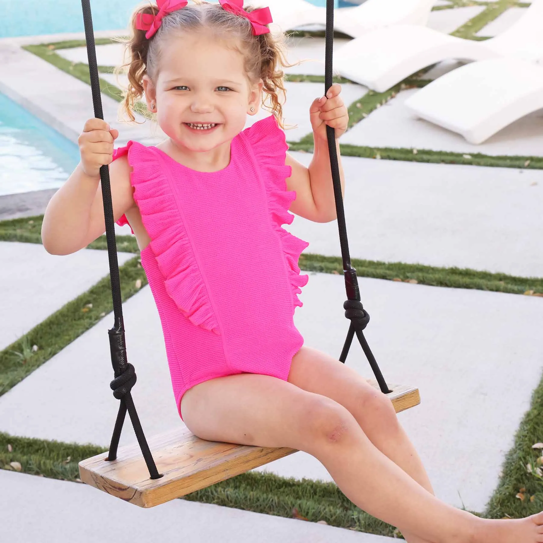 Double Ruffle Crinkle One-Piece | Neon Pink