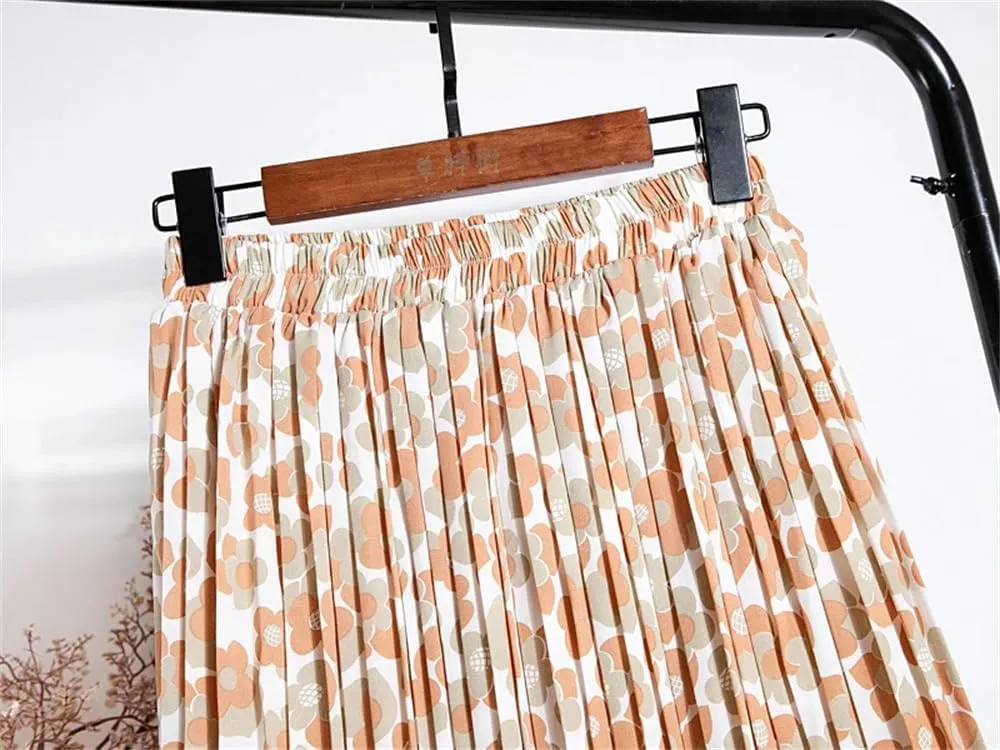 Dvbfufv Women Elastic High Waist Chiffon Pleated Skirts Womens Summer Casual Print Midi Skirt