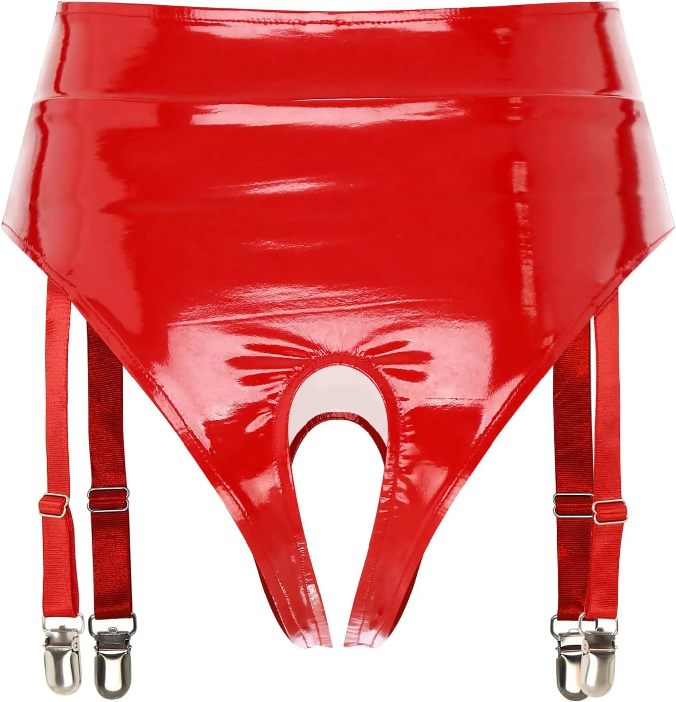 easyforever Men's Sexy Patent Leather Open Crotch Underwear High Waist Briefs with Garter Clips