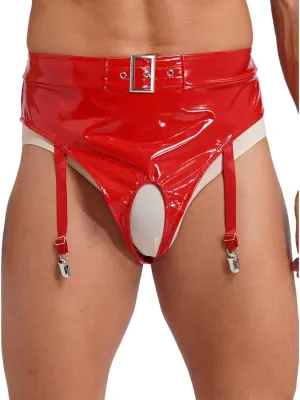 easyforever Men's Sexy Patent Leather Open Crotch Underwear High Waist Briefs with Garter Clips