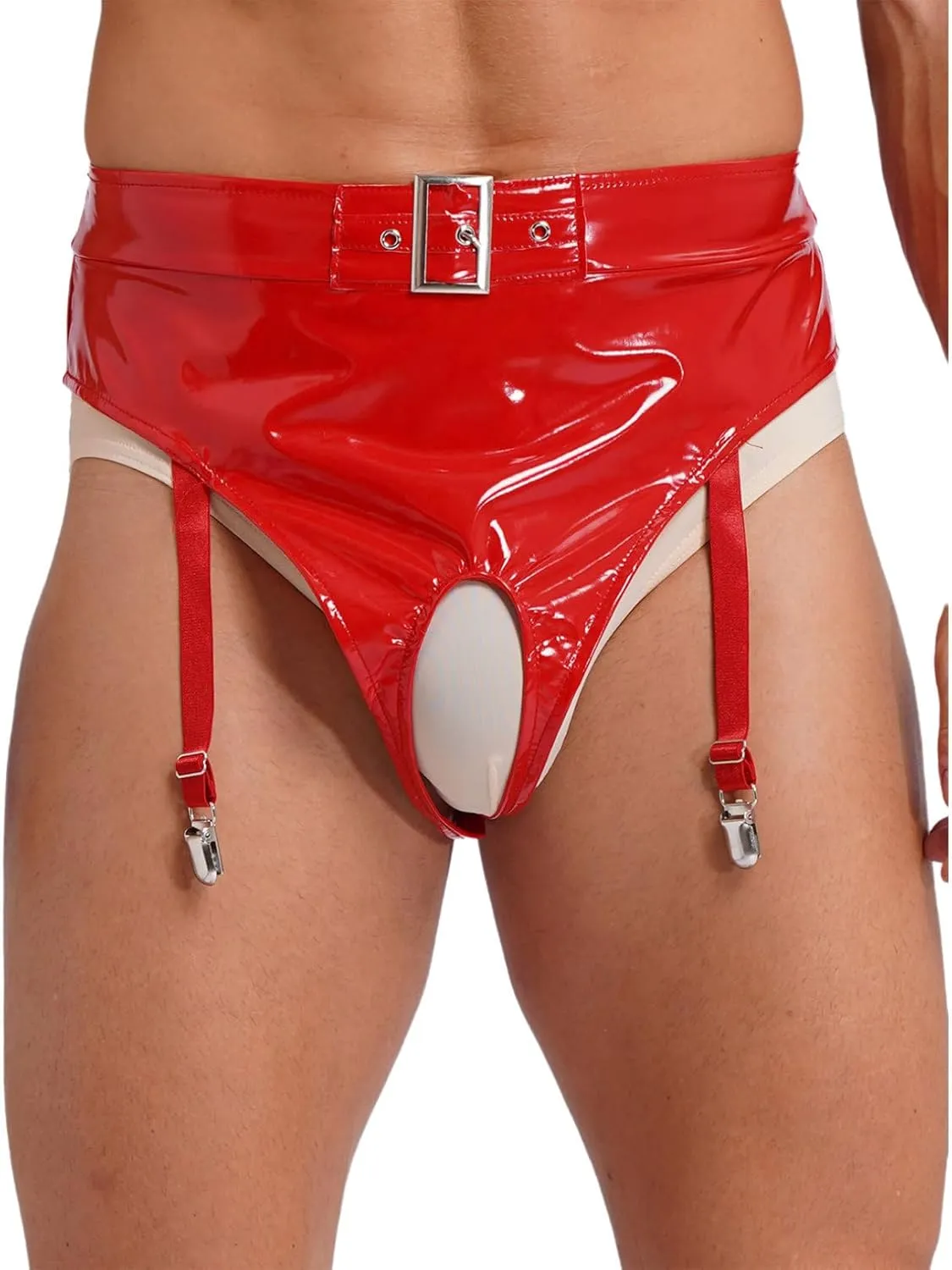 easyforever Men's Sexy Patent Leather Open Crotch Underwear High Waist Briefs with Garter Clips
