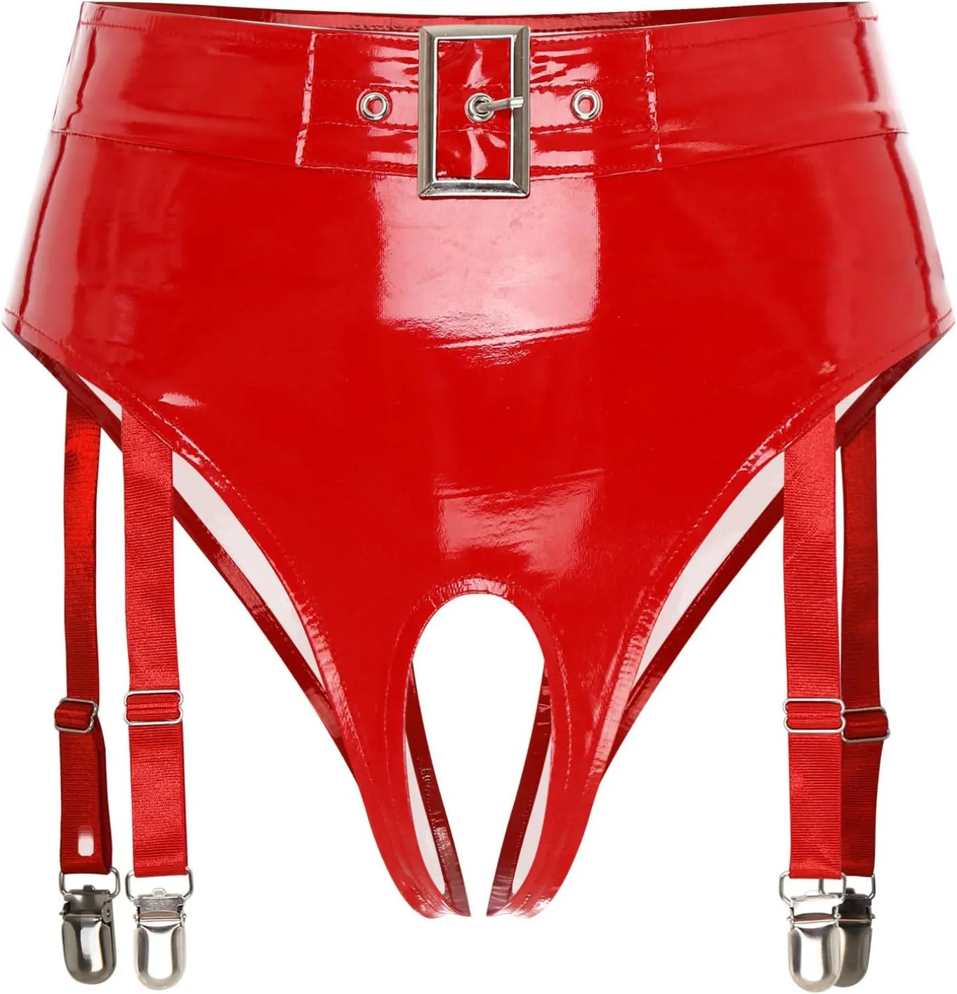 easyforever Men's Sexy Patent Leather Open Crotch Underwear High Waist Briefs with Garter Clips