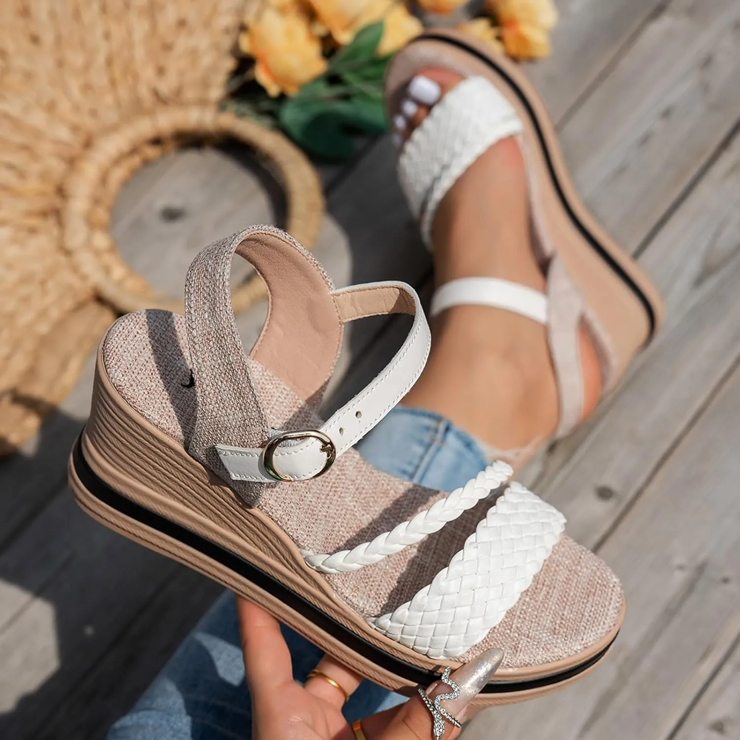 Eduavar Sandals for Women Casual Dressy Arch Support Open Toe Platform Sandals Fashion Buckle Ankle Strap Wedge Heels Shoes